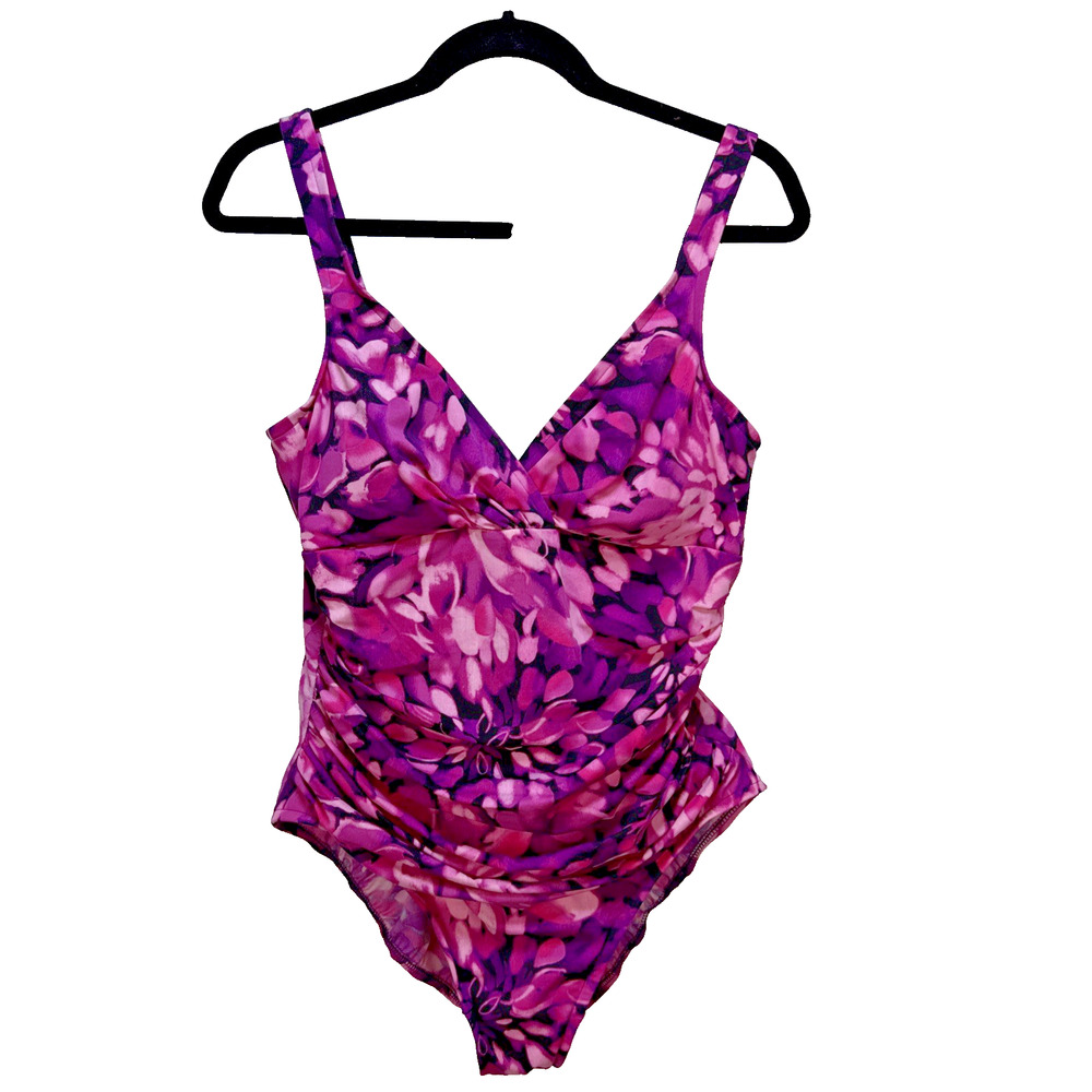 Miraclesuit Womens Floral One Piece Swimsuit Size 18 Purple Pink Ruched V-Neck